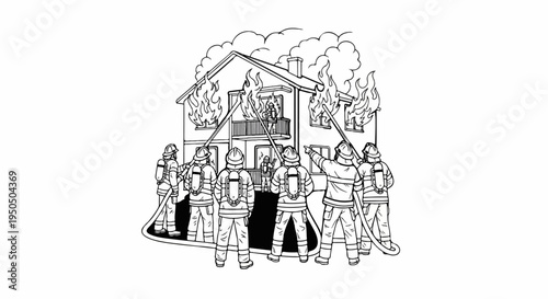 Firefighters battle blaze at a burning house with multiple flames