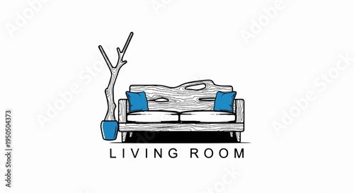 Rustic wooden sofa with blue pillows and decorative plant in a pot