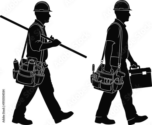 Black silhouette of professional male construction worker carrying heavy tool bag, hard hat, equipment, and toolbox on white background for DIY projects.