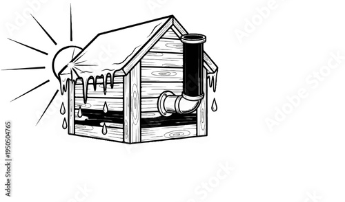 Wooden structure with a chimney, melting ice, and sun