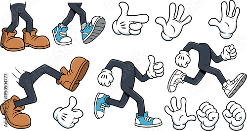 Cartoon character hands and legs collection with walking running gestures gloves and shoes animation parts vector set