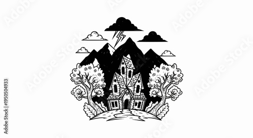 Spooky mansion under a stormy, lightning-filled mountain sky