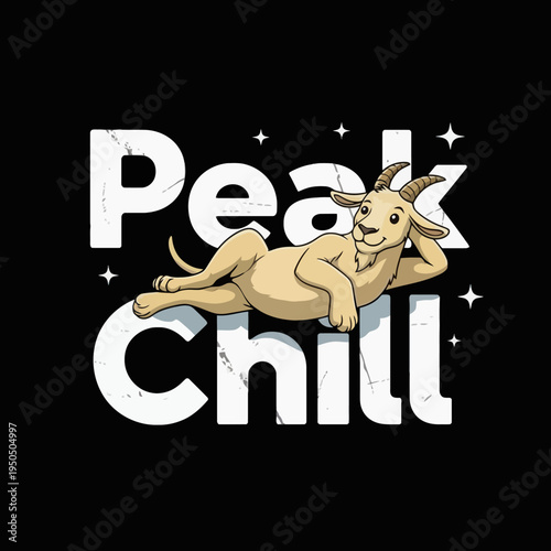 Cartoon goat relaxing on text.