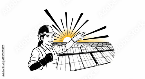 Woman in hard hat points towards solar panels under a stylized sun