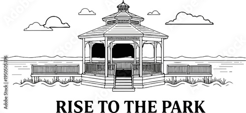 Ornate gazebo on a pier overlooking a calm sea under a cloudy sky