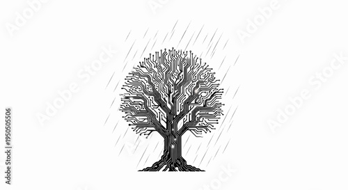 Stylized circuit board tree under simulated rain