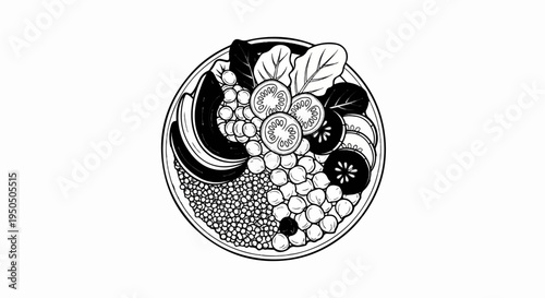 A black and white illustration of a round bowl filled with healthy food items