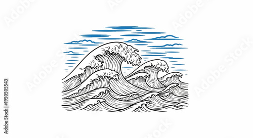 Stylized line art of crashing waves under a striped blue sky