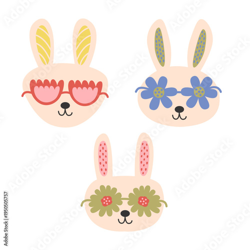 Cute Bunny Faces with flower sunglasses Illustration