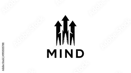 Abstract logo design with upward arrows and the word mind on white