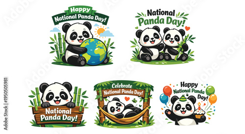 Sticker set of cute pandas celebrating national panda day with bamboo plants