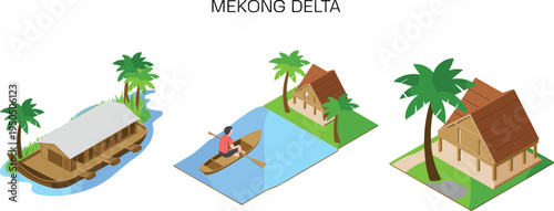 Isometric Mekong Delta landscape with floating houseboat, village huts and boat on river, tropical Vietnam travel illustration scene