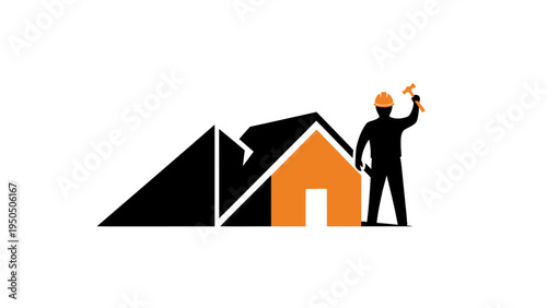 Construction worker silhouette building house logo design concept vector