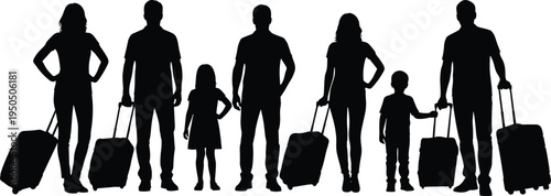 Black silhouette set of family and people with luggage traveling cad drawing flat vector illustration for architectural projects and design.