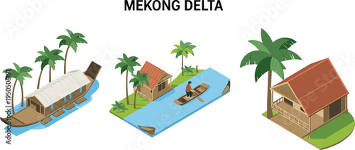 Isometric Mekong Delta village with floating houseboat, riverside huts and boat on river, tropical Vietnam travel landscape illustration