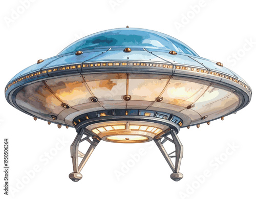 Flying saucer ufo alien spaceship watercolor illustration