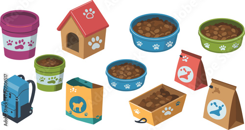 Isometric pet care accessories set, dog house, food bowls, pet food bags, containers, animal supplies vector illustration
