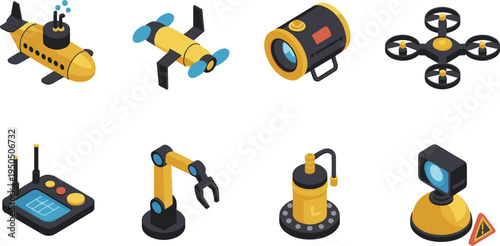 Isometric robotics and drone technology icons featuring submarine, quadcopter, robotic arm, controller and industrial automation devices illustration set