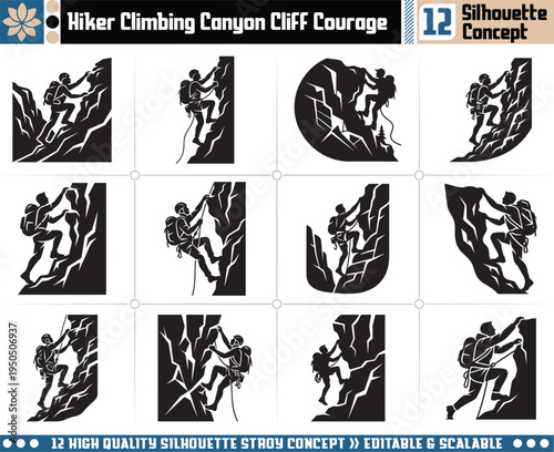 Silhouette of a Brave Hiker Climbing a Steep Canyon Cliff at Sunset, Representing Courage and Adventure