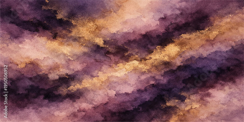 Dramatic watercolor sky with abstract purple clouds and colorful sunset textures creating a dark stormy heaven of light and fire
