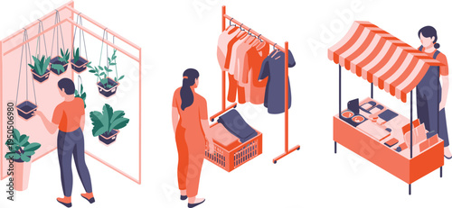 Isometric urban lifestyle illustration set, indoor hanging plants garden, clothing rack shopping scene, street market vendor stall retail concept