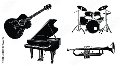 Musical instrument silhouette vector illustration, guitar piano drum trumpet artwork, music performance design, band ensemble concept, classical and modern sound art