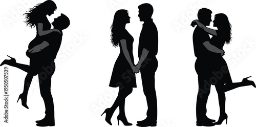 Romantic couple silhouette vector illustration, love relationship poses, man lifting woman, holding hands, intimacy concept, Valentine’s day design, affectionate romance art