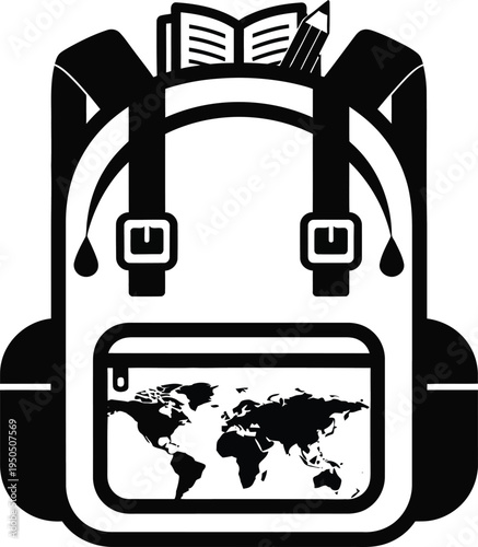 travel backpack with world map and book