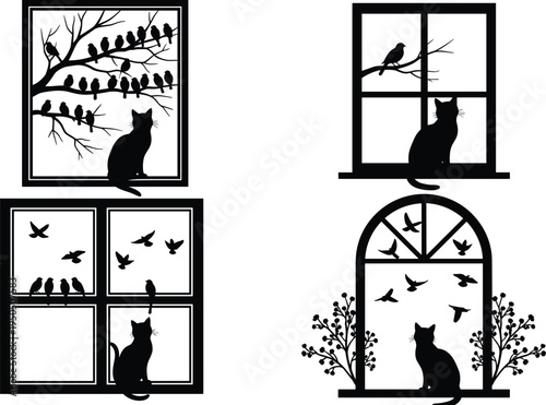 Black cat silhouette sitting on window sill looking at birds on tree branches, cad drawing flat vector illustration, decorative wall art.