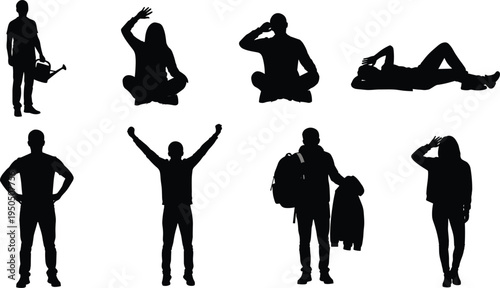 Silhouette people vector illustration, standing, sitting, saluting, lying, watering can, backpack, coat, celebration gesture, human posture collection, body language design art