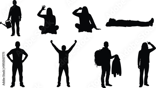 Silhouette people poses collection, standing, sitting, saluting, lying, victorious gesture, watering can, backpack, jacket, human body language, vector illustration design