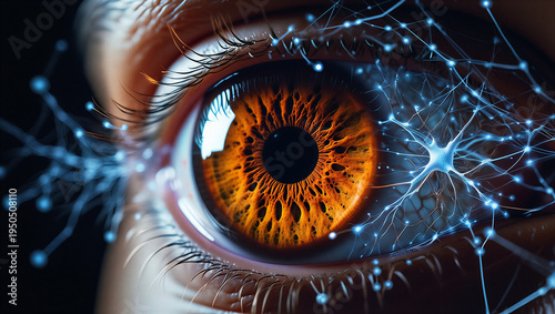 Human eye with digital neural network overlay representing artificial intelligence and biometric technology concept futuristic cybernetic vision