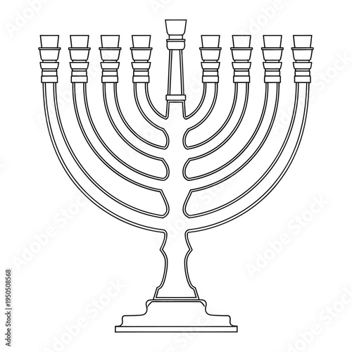 Illustration of a traditional nine branched candelabrum known as a menorah with intricate curves and a central elevated candle holder isolated on a clean white background