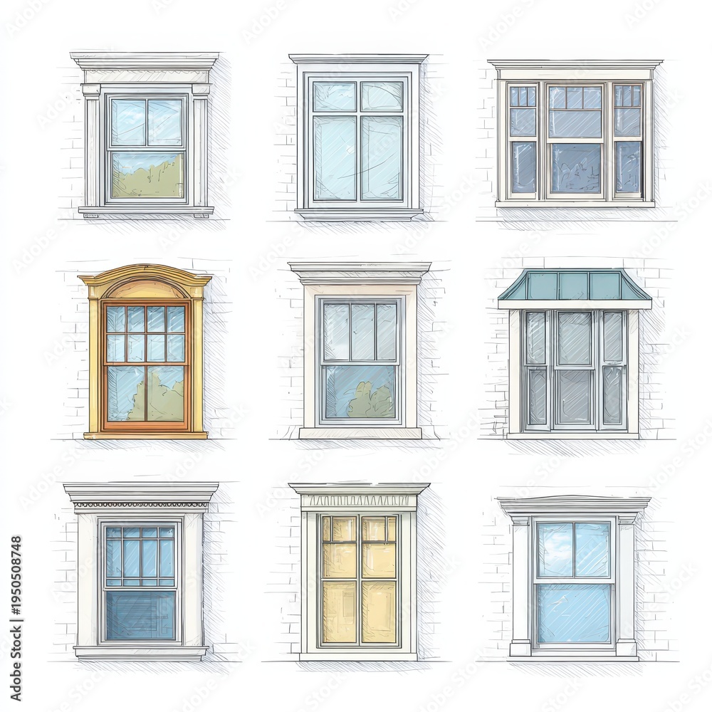 Fototapeta premium Graphic study of window frames and openings for architectural design on white background