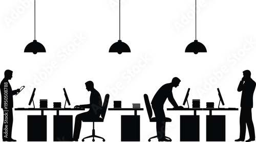 Cad drawing flat vector illustration of office workers at desks with computers and hanging lamps in modern corporate workspace environment