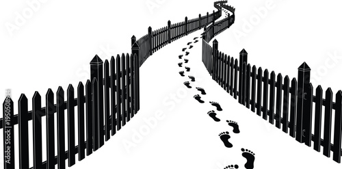 Black silhouette of human footprints walking along a winding path between garden fences cad drawing flat vector illustration path flavector.
