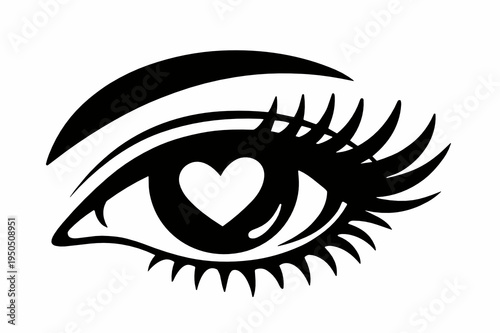 A stylish eye illustration with long lashes and a heart-shaped pupil, isolated in black and white. Romantic beauty concept for love, Valentine design and feminine emotion.
