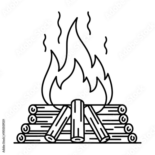 Bright campfire burning with vibrant flames rising above neatly stacked logs in a minimalist illustration style with clean lines and bold outlines