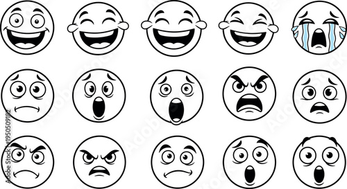 Emoji face expressions collection with laughing crying angry shocked and sad emoticon reactions outline vector illustration set