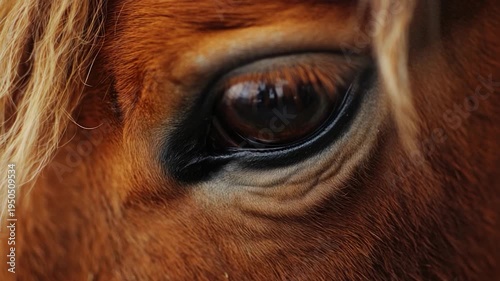 A close-up shot of a brown horse's eye with a unique facial expression
