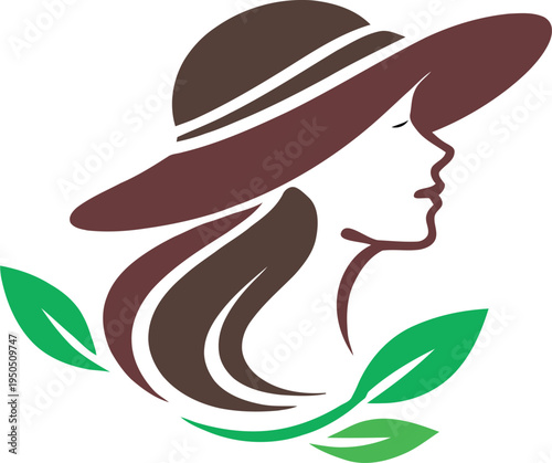 Elegant beauty logo featuring a stylish woman face with hat and green leaves. Modern feminine design symbolizing natural beauty, skincare and wellness. Perfect for beauty salons, organic skincare bran