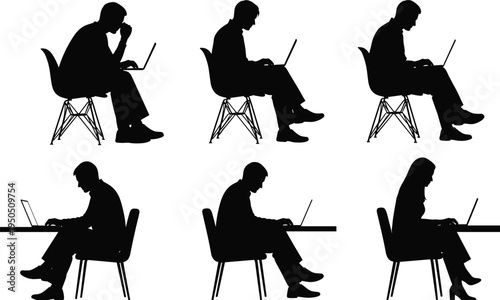 Black silhouette of people working on laptops sitting in chairs cad drawing flat vector illustration business office freelance flavector technology.