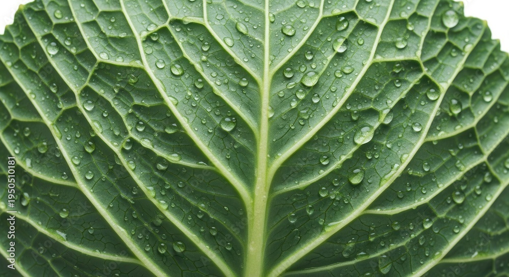 Fototapeta premium Close-up of a large green cabbage leaf with water droplets on its surface, showcasing intricate vein patterns and fresh organic texture in a natural setting