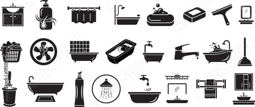 Collection of various bathroom icons representing hygiene and cleaning elements for everyday use
