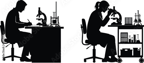 Black silhouette of scientists working in laboratory with microscope and flasks cad drawing flat vector illustration research medical lab flavector.