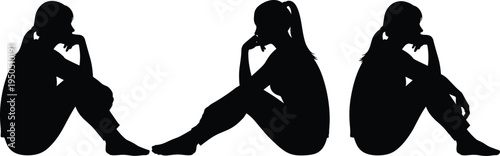 Cad drawing flat vector illustration of sad woman silhouettes sitting on the floor in pensive poses, representing depression and loneliness.