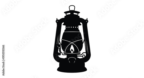 A striking black silhouette depicts a vintage kerosene lantern with a handle showcasing its classic form and design