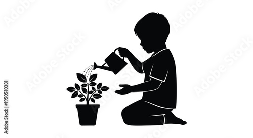 A silhouette of a young boy carefully watering a small potted plant with a watering can high quality professional