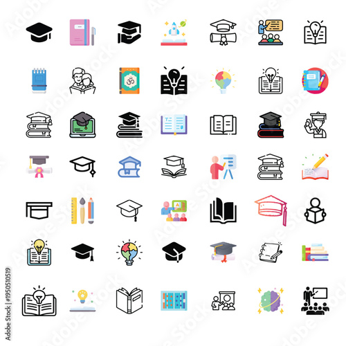 Mixed Style Education and Learning Vector Icon Set Featuring Graduation Caps Books Teachers and Creative Lightbulbs for School E-Learning and Academic Graphic Design Projects