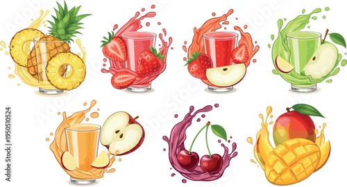 Fresh fruit juice splash collection with pineapple strawberry apple cherry and mango drinks colorful vector illustration set